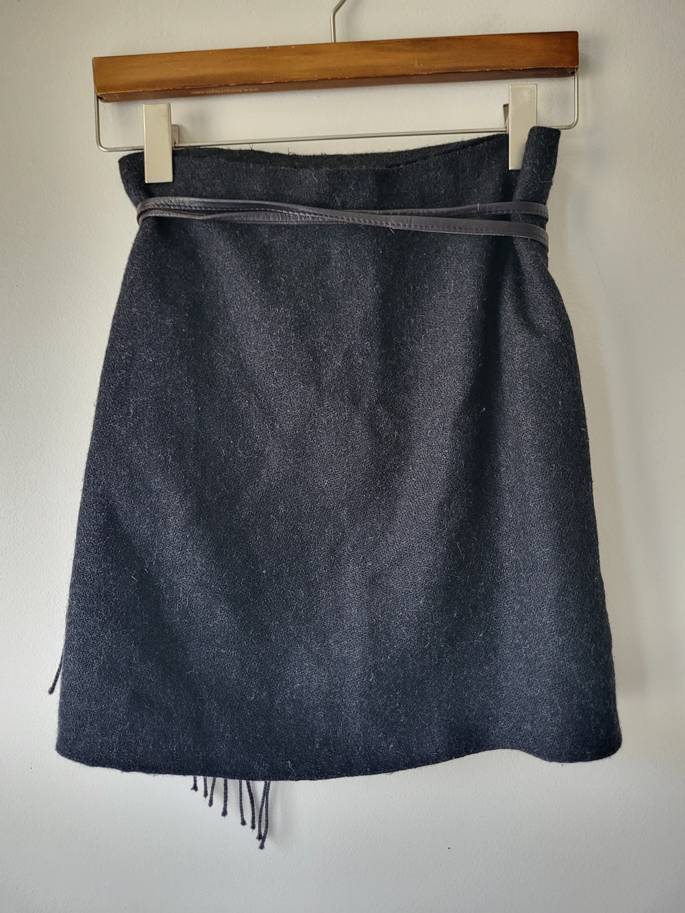DKNY Black Asymmetrical Wrap Academia Skirt with Fringe and Leather Tie - Picture 2 of 10